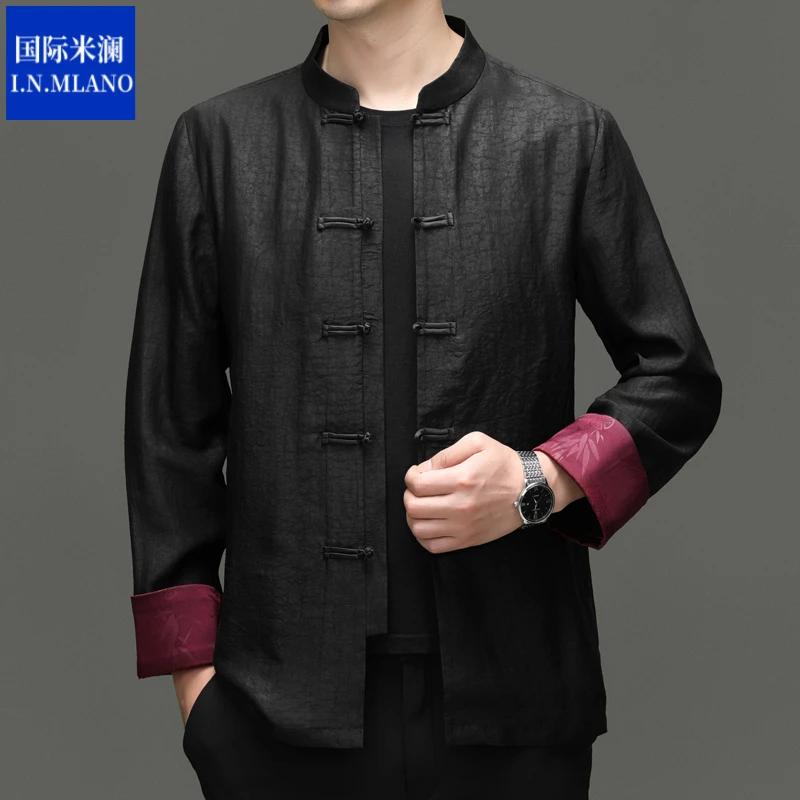 【非遗香云纱】高档中式长袖春秋中国风立领中老年真丝唐装男休闲男