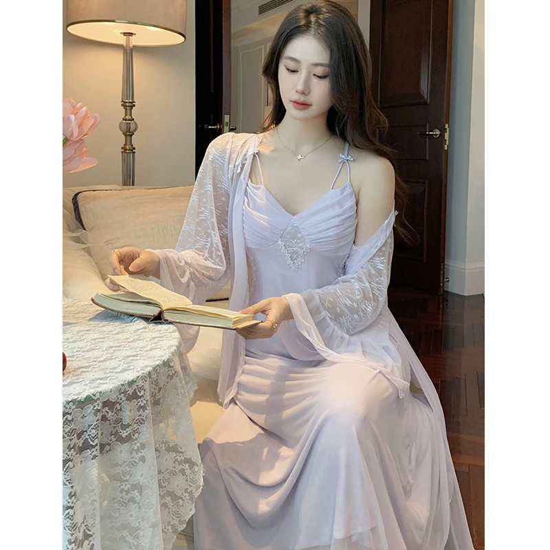 【初倾两件套】睡裙两件套春秋吊带中长款纯欲风女带胸垫睡衣家居服