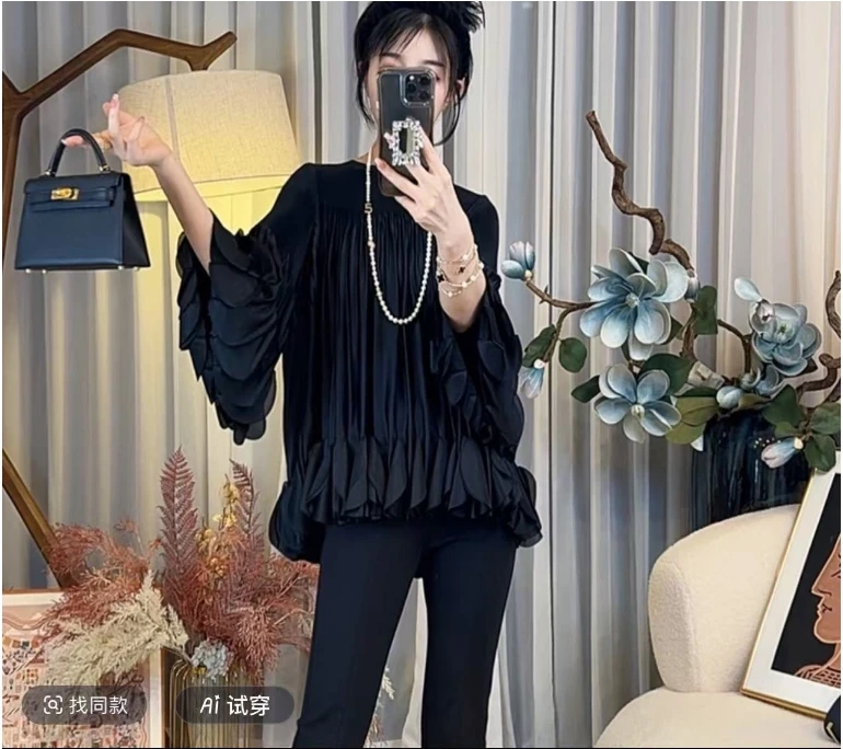 新款优雅气质时尚荷叶边宽松褶皱遮肚大码显瘦上衣