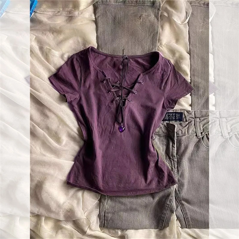 美式V领绑带短袖t恤女夏季2025新款爆款纯欲辣妹修身正肩短款上衣
