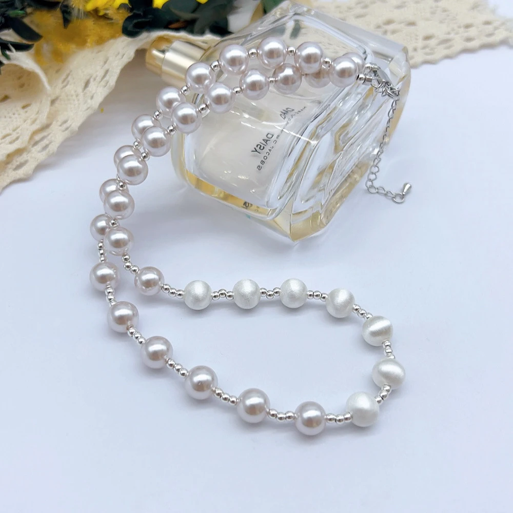 铜合金仿珍珠项链 03317 拉丝珠拼曼塔玫瑰紫施家珠项链 长40+7cm