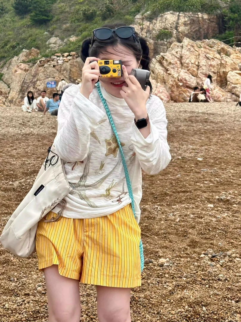 日系简约柠檬黄条纹休闲阔腿裤女夏季新款度假居家百搭松紧短裤