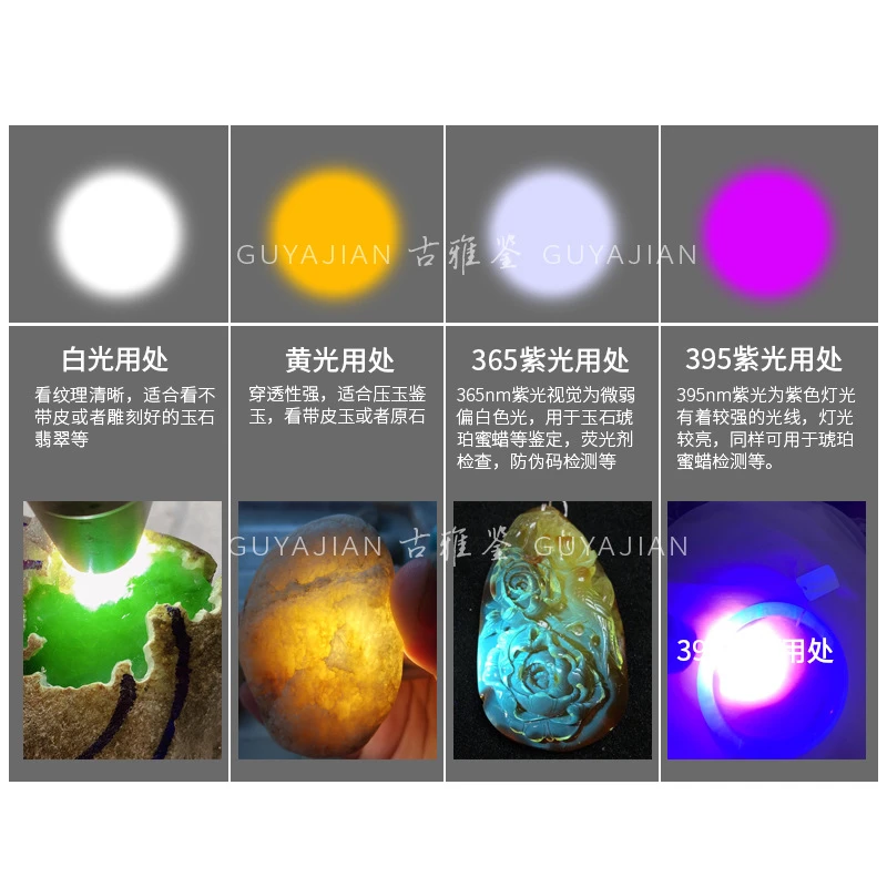 荧光剂检测灯珠宝翡翠充电文玩手电筒照玉石小口径强光三光源