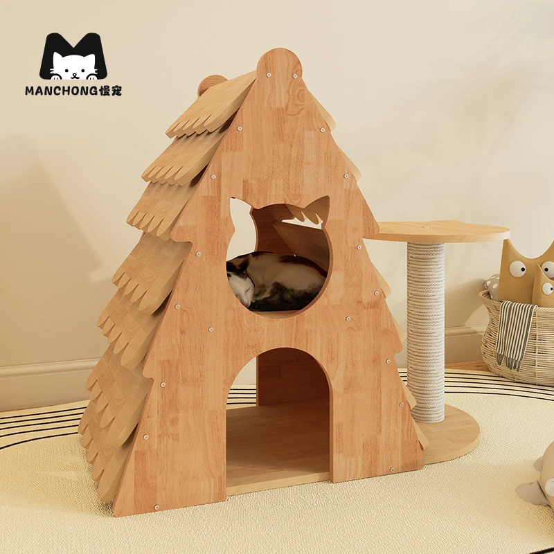 实木猫爬架双层猫窝猫树进口橡胶木猫咪用品人宠共用圣诞树猫窝