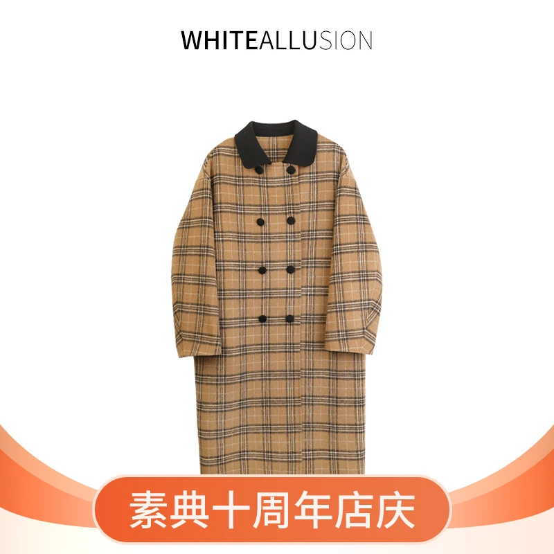素典年中清仓【3524】绵羊毛双面毛呢大衣格子撞色翻领呢子外套