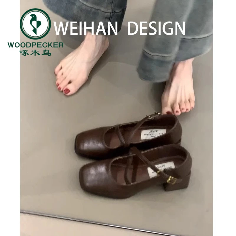 啄木鸟复古方头玛丽珍鞋女粗跟浅口小皮鞋高级感一字带高跟单鞋子