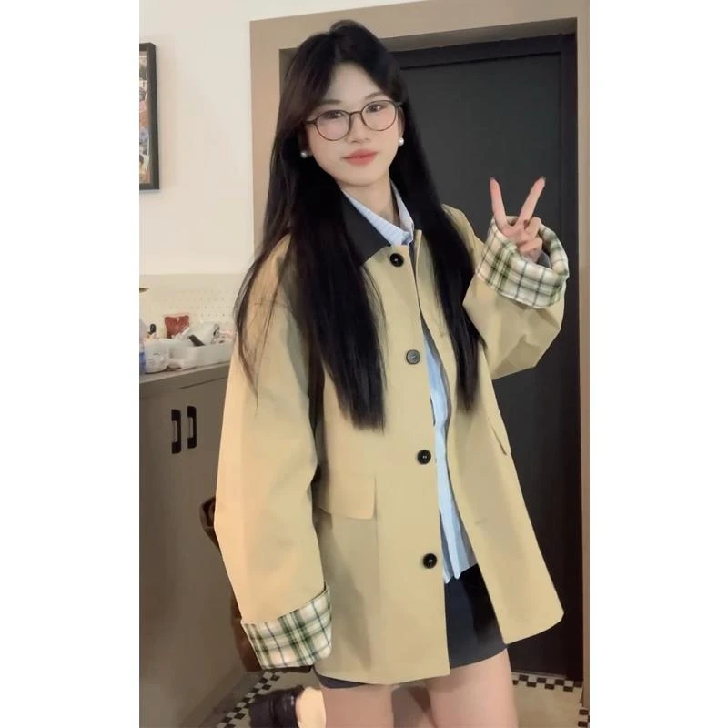 中长款风衣外套女2025春新款小个子高级感英伦风格子撞色拼接大衣