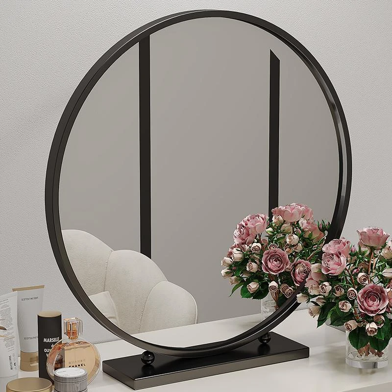 简约台式化妆镜圆形桌面梳妆镜卧室学生宿舍铁艺大镜子梳妆台镜子