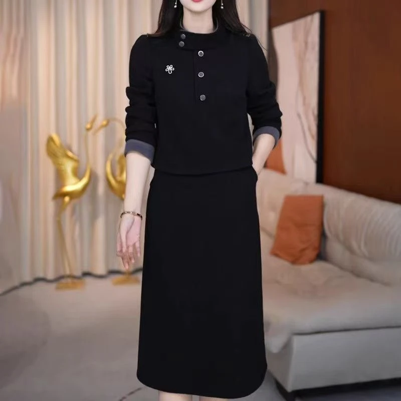 8134#假两件秋冬款连衣裙女春秋新款加厚配大打底内搭中长裙