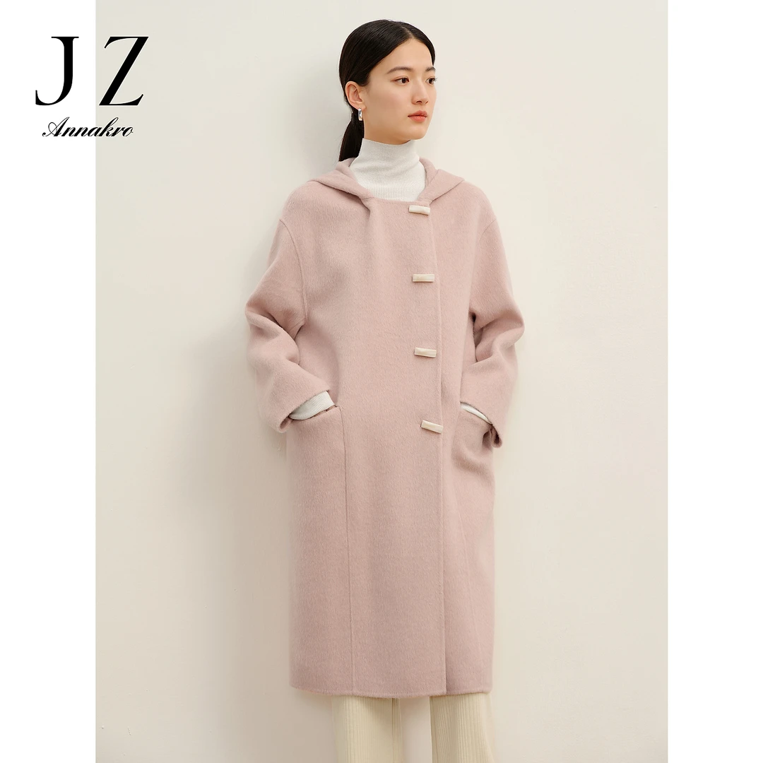 【婷婷专属】玖姿·安娜蔻JTDD72120帽领落肩双面呢羊毛长大衣女