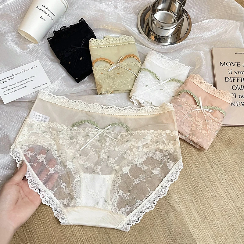 千色年华法式小碎花甜美性感蕾丝女士三角裤凉感轻奢缎面中腰内裤