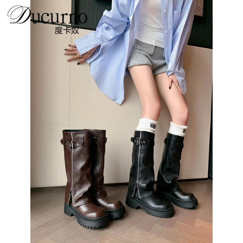 度卡奴小个子厚底裤管靴2025新款高筒骑士靴黑色长筒靴女时尚长靴
