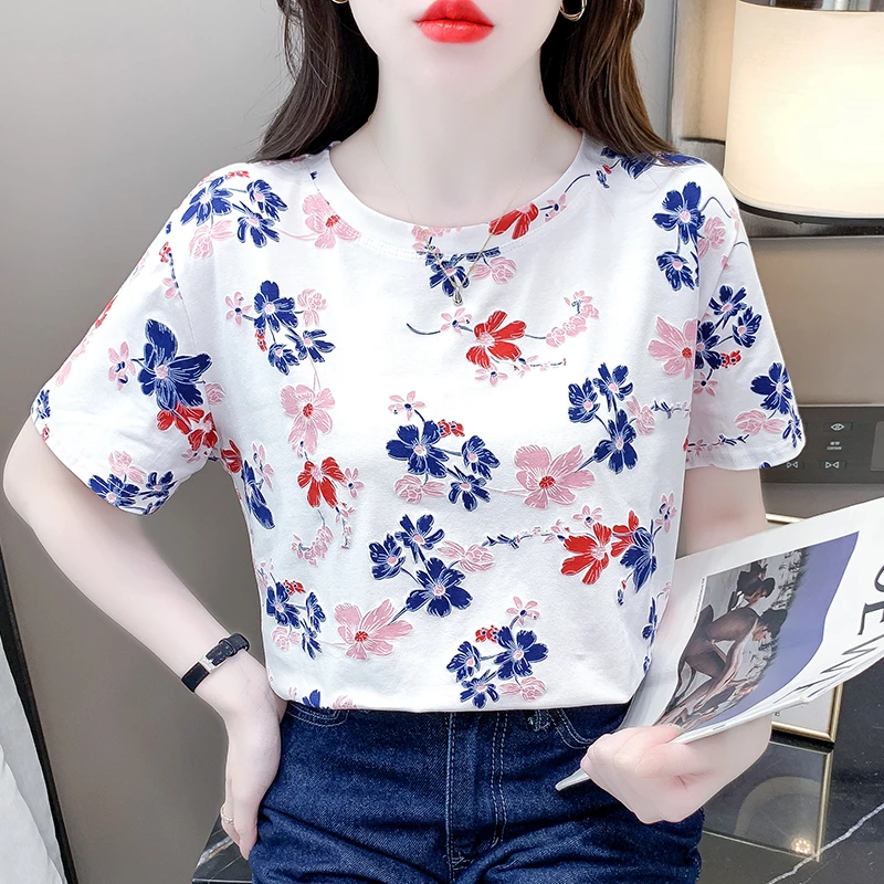 正肩短袖t恤女时尚印花碎花百搭减龄显瘦白色上衣打底衫夏季韩版