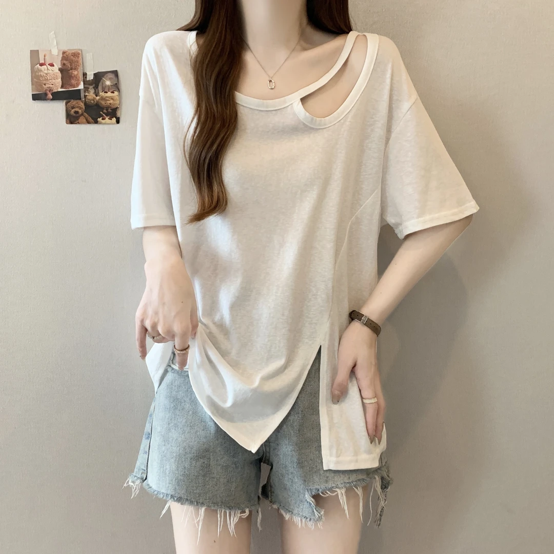 网红洋气炸街女装大码镂空正肩短袖t恤女不规则别致开叉上衣女