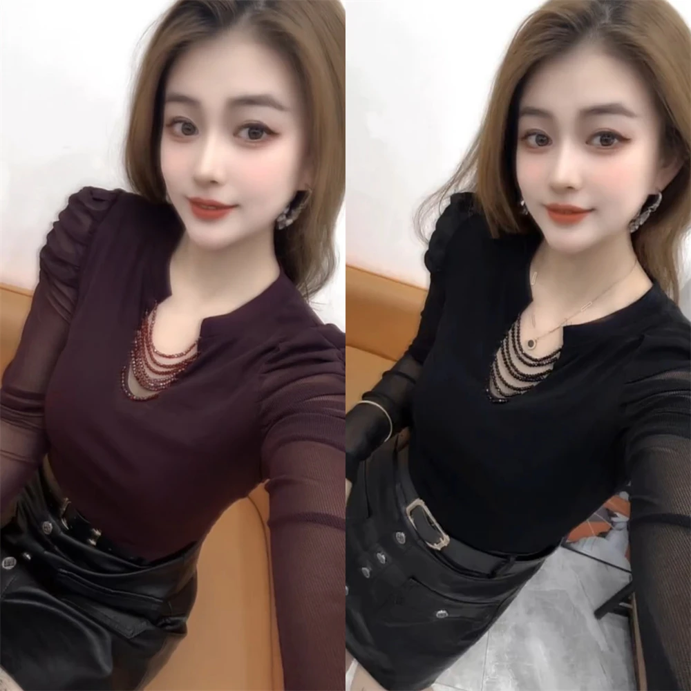 欧洲站2025秋新款显瘦t恤网纱泡泡袖上衣时尚女装重工缝珠打底衫