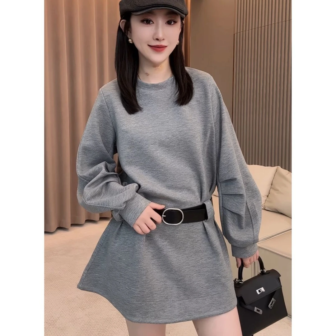 1055新款时尚轻奢设计感配腰带卫衣裙女气质收腰显瘦中长款上衣