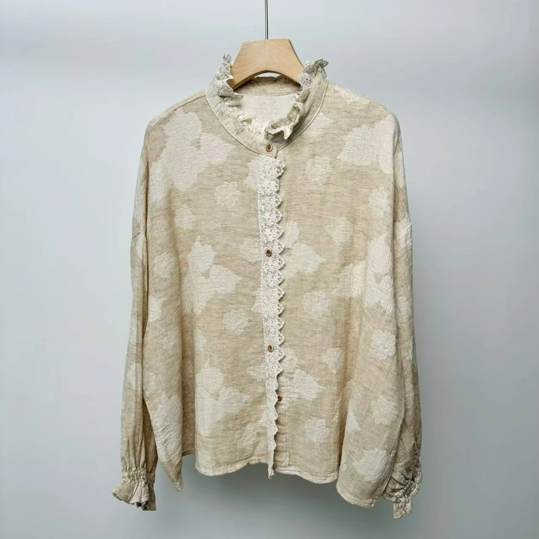 春季双层纱花边提花女士衬衫