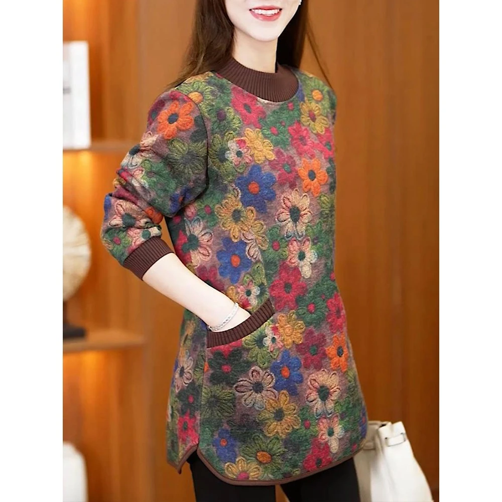 加绒保暖长袖T恤打底衫秋冬新款彩色碎花时尚I洋气宽松妈妈装上衣