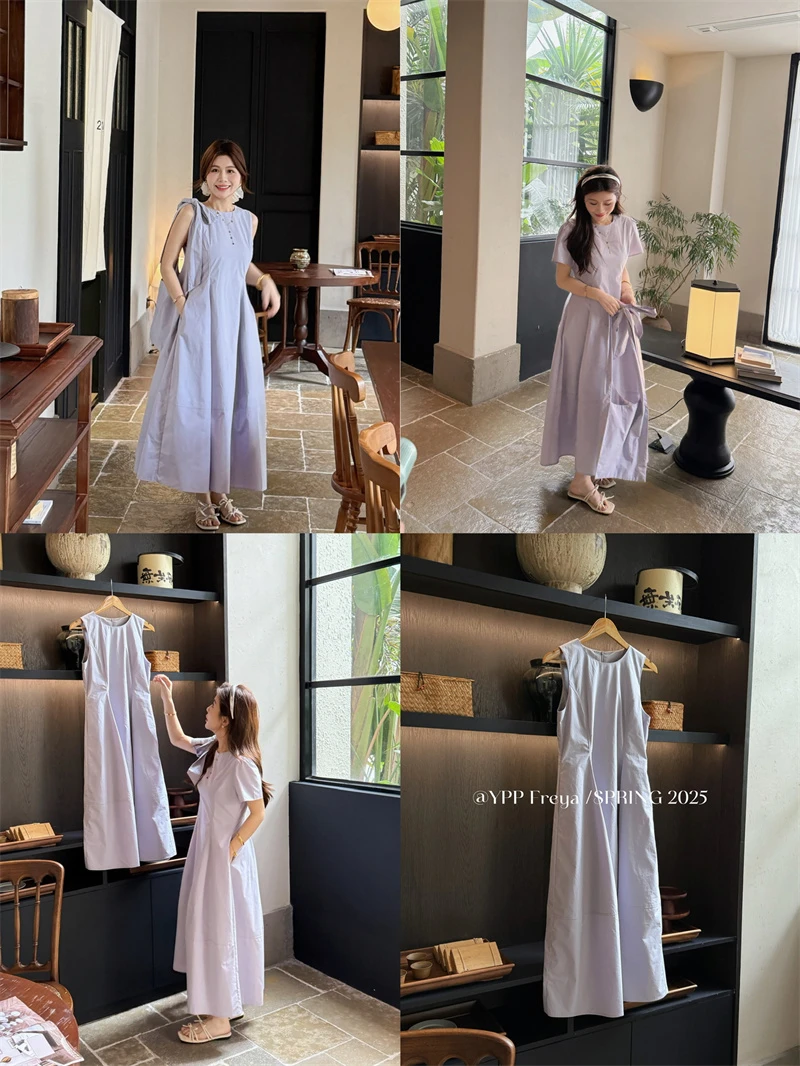 YPP！【小紫裙】韩系极简高级感无袖/短袖配包包紫色连衣裙