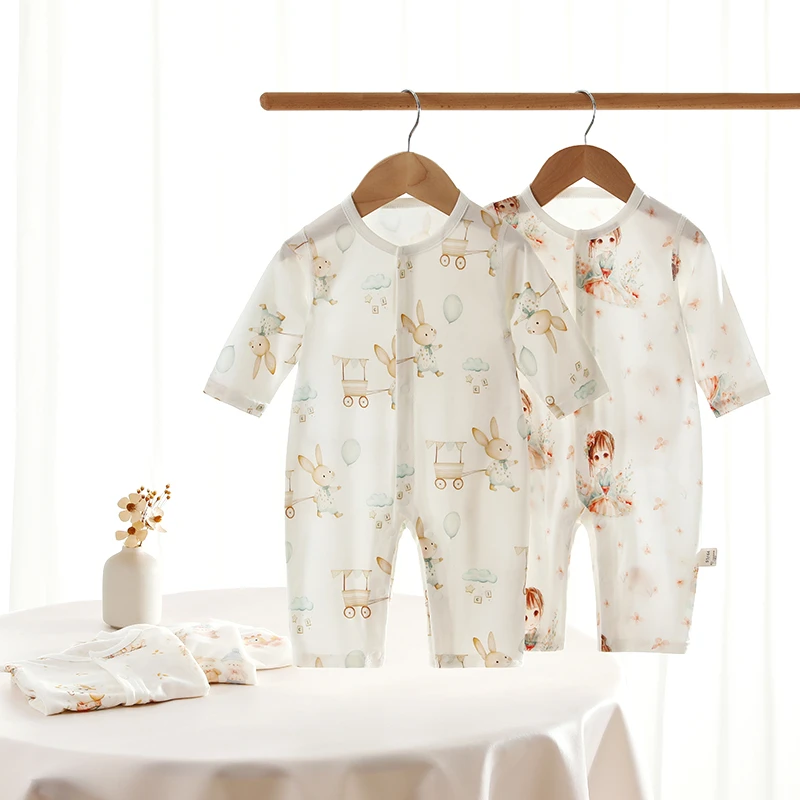 【萌】夏季长袖空调服婴儿薄款连体衣新生儿吸汗透气睡衣弹力连体衣