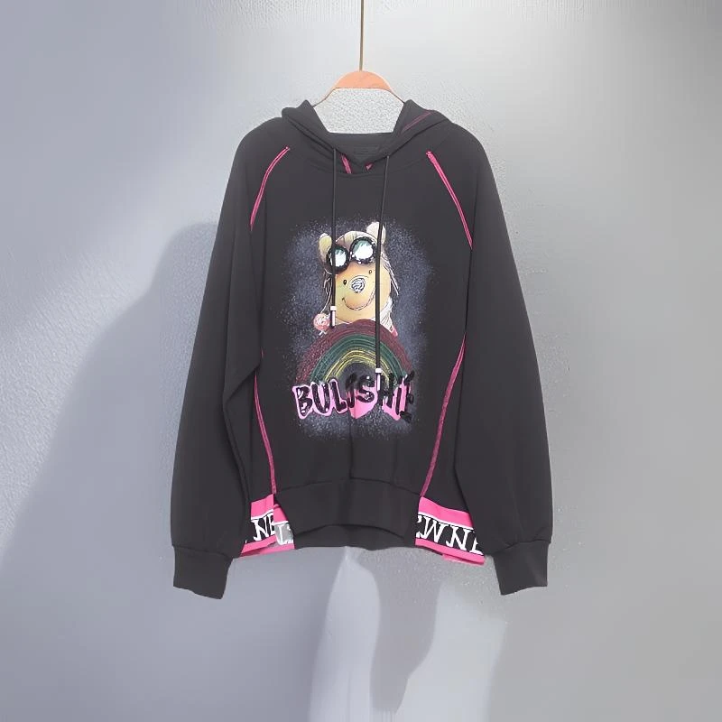 春装新款连帽卫衣时尚潮流卡通印花拼接休闲大码舒适减龄棉质上衣