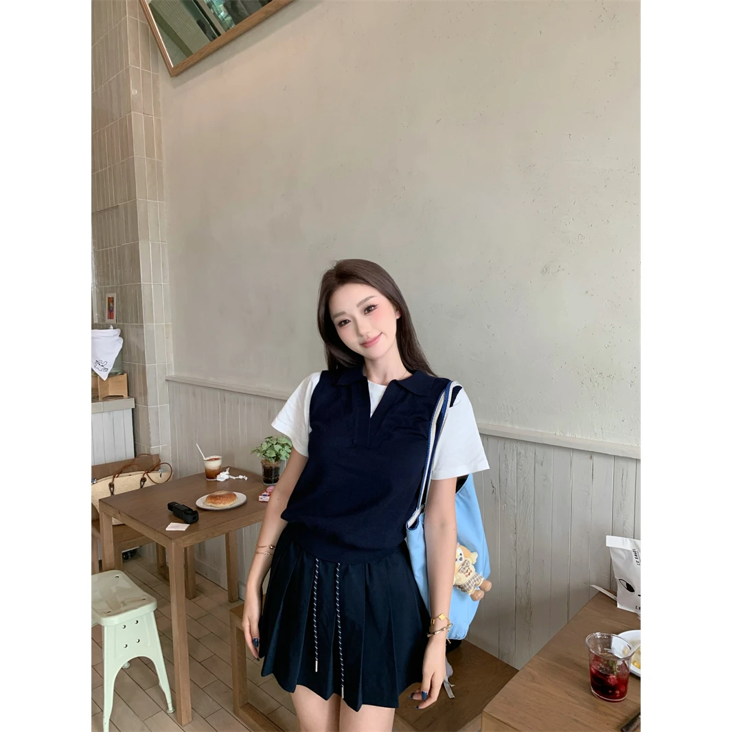 学院风休闲套装假两件拼接短袖T恤女夏季抽绳百褶半身裙两件套