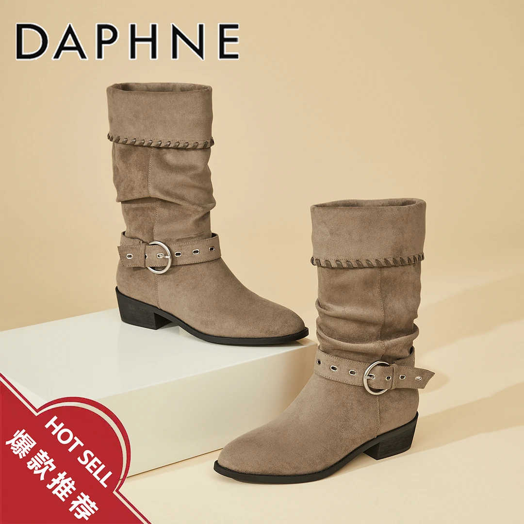达芙妮复古中筒骑士靴2025秋季新款尖头时装靴琥珀流光西部牛仔靴