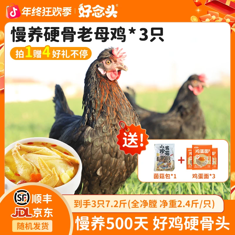 【拍1赠4】好念头黑脚黄油老母鸡3只约7.2斤硬骨新鲜土鸡走地鸡