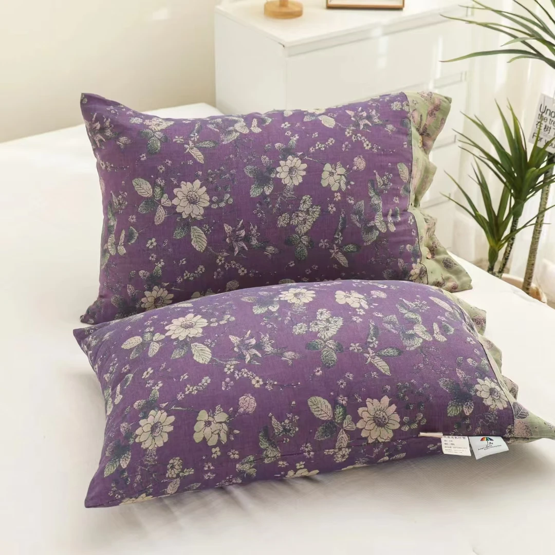 深紫锦上花 椰壳扣双层纱纯棉纱布大枕套一对装