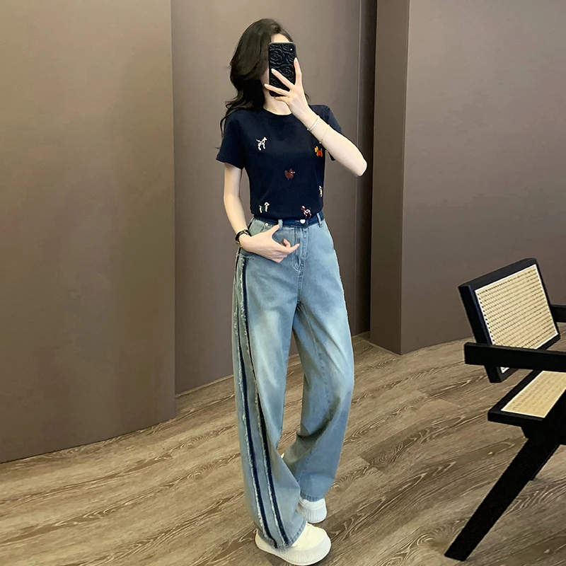 欧货洋气时尚套装女夏气质刺绣短袖T恤复古阔腿牛仔裤休闲两件套