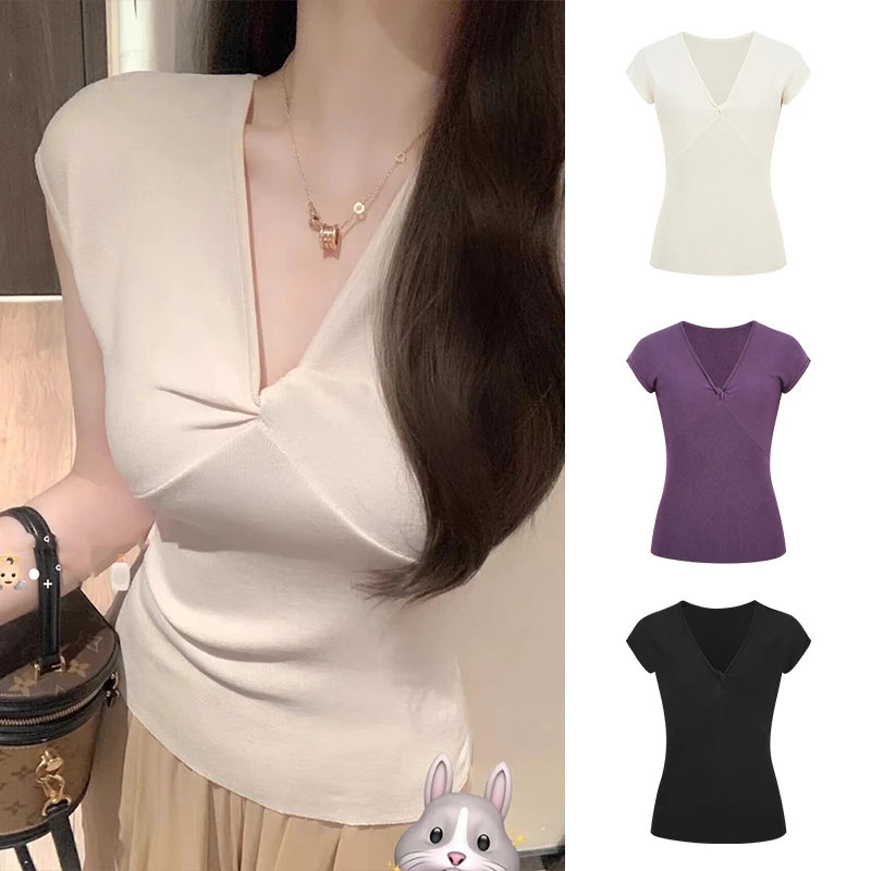 Moses Queen/魔西女王时尚扭结设计 V领针织衫女法式温柔短袖上衣