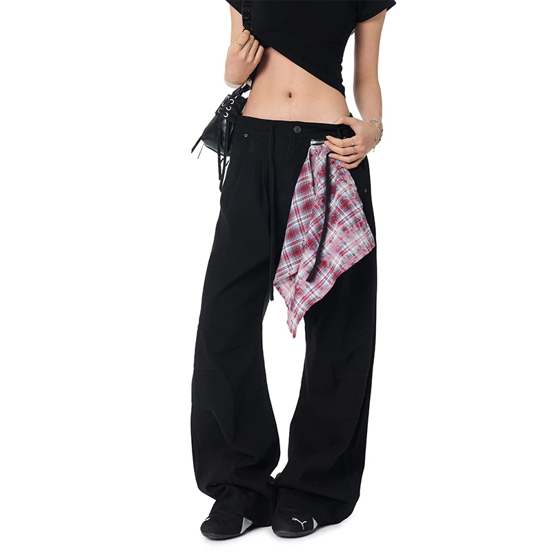 【Achock官方店】可拆卸方巾弯刀牛仔裤男女春夏新款抽绳阔腿裤潮