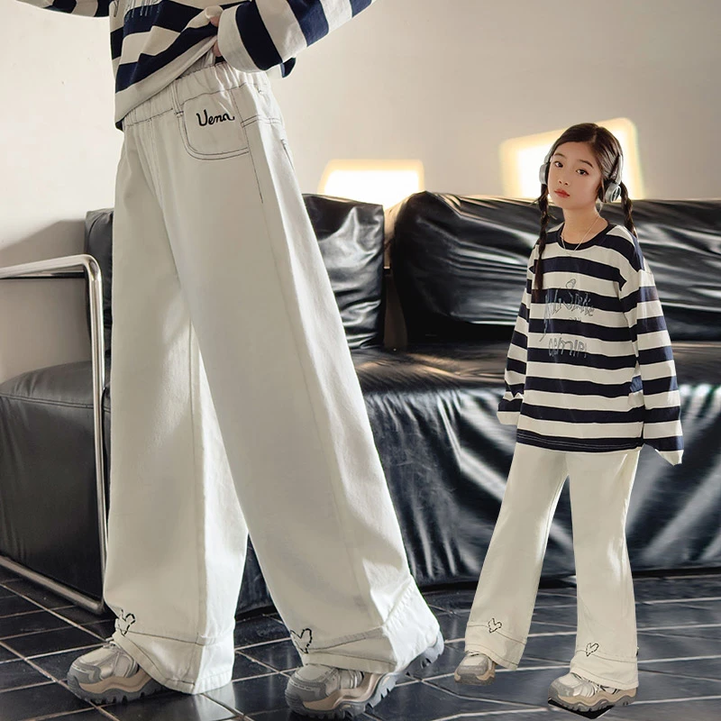 女童白色牛仔裤春秋2025新款儿童今年流行裤子女大童阔腿裤初中生