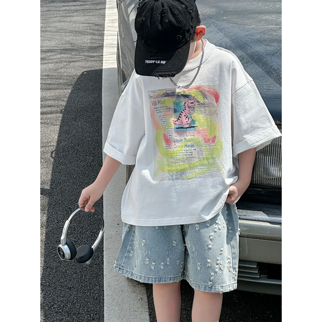 in 爱：mp25夏季男童清爽帅气套装韩版儿童简潮T恤勾花牛仔裤5235