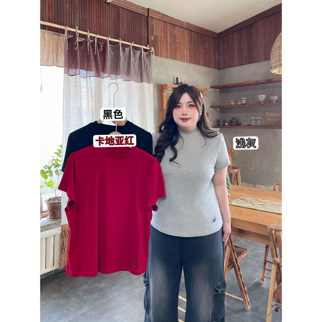 雾气弥漫 / 辣妹正肩设计感短袖T恤13990花契大码200斤胖mm时尚