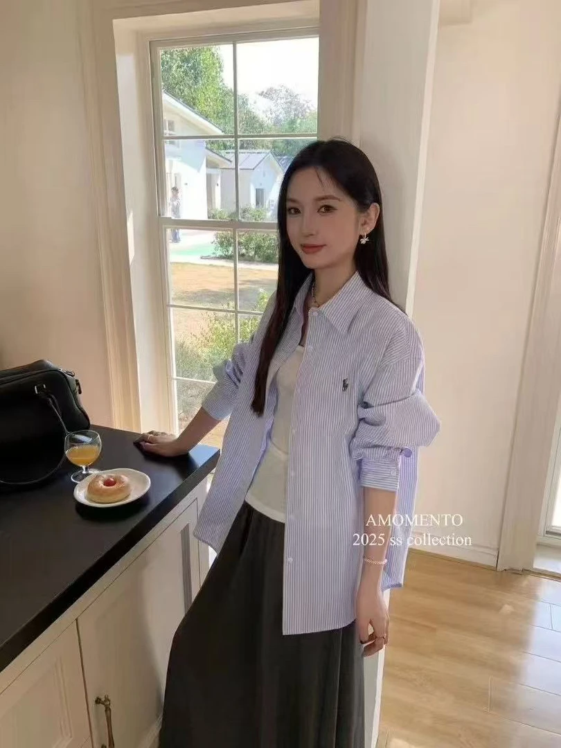 刺绣百搭牛仔女装气质衬衫条纹都市风外套瑞丽风常规