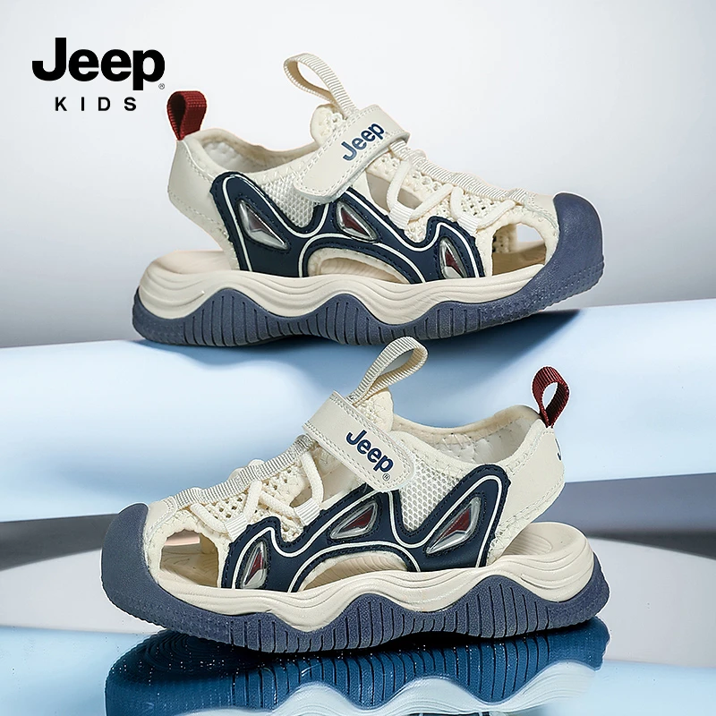 jeep男童运动包头大童6-12岁夏季透气软底防滑黑色中大女童沙滩鞋