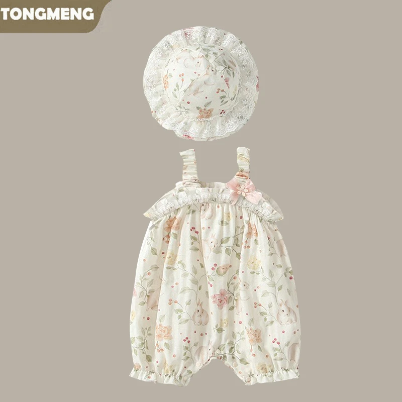 婴儿碎花纯棉吊带哈衣爬服夏季女宝宝无袖包屁连体衣可爱外出衣服