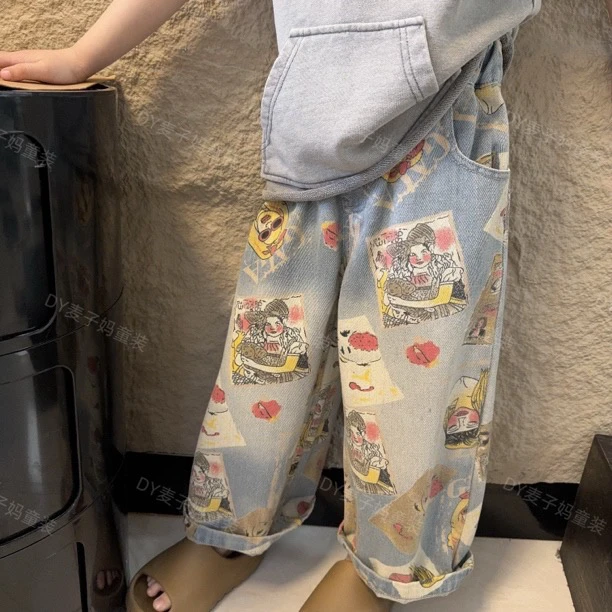 现货MZ.儿童夏季软糯复古印花直筒休闲薄款牛仔长裤2041