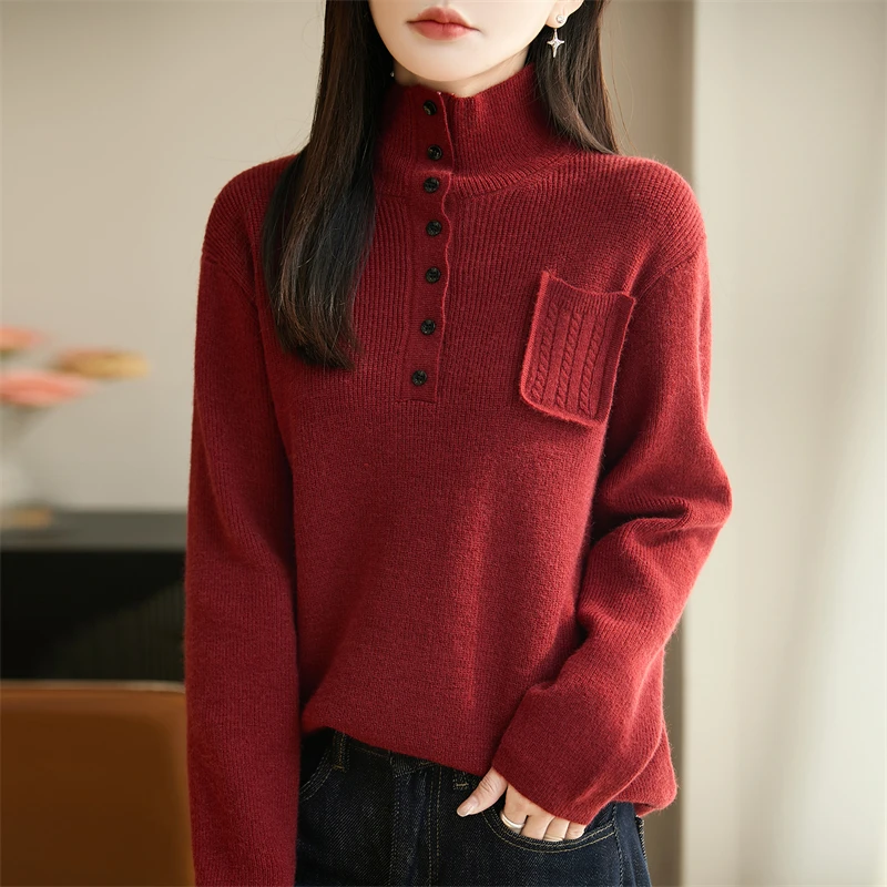 哥弟阿玛施正品秋冬厚款韩版洋气纽扣立领针织衫宽松显瘦套头毛衣