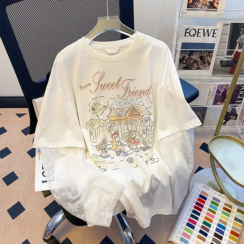 夏季2025新款宽松白色长袖t恤女ins减龄蕾丝拼接防晒衣高级感