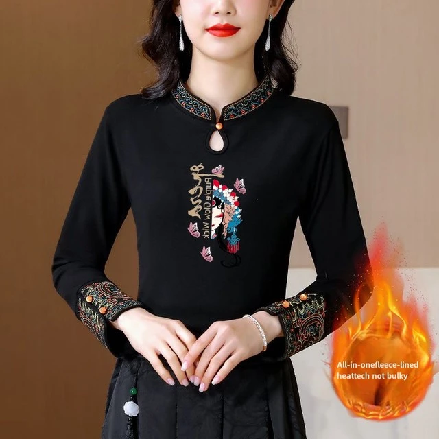 2025新款德国丝绒民族风格印花t恤女式冬季丝绒长袖修身上衣覆古