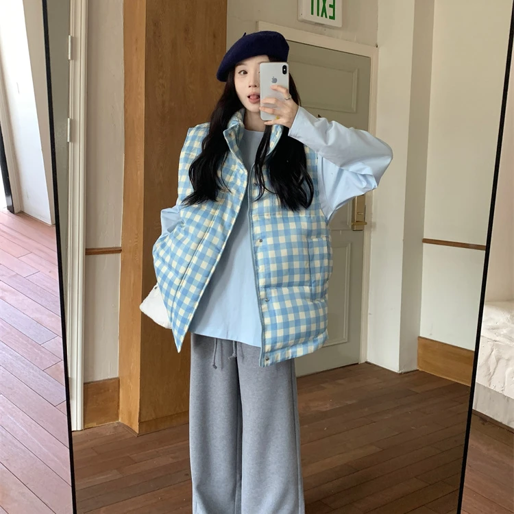大码女装胖mm冬季套装格子立领马甲背心外套直筒卫裤内搭T恤女