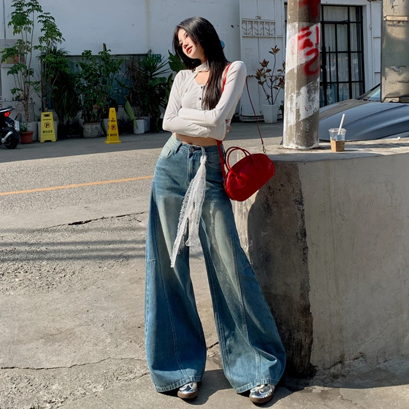 2025春款美式复古蕾丝设计感阔腿微喇牛仔裤宽松显瘦不贴腿拖地裤