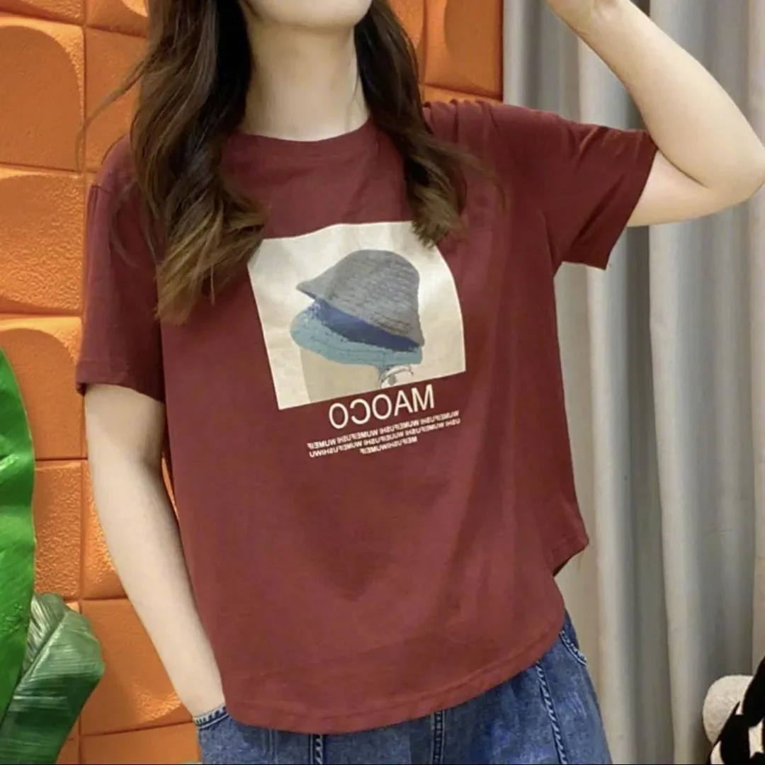 夏季新款宽松百搭显瘦遮肉洋气圆领T恤女上衣