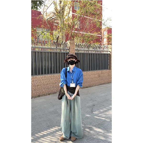 学院风韩系蓝色衬衫女春秋新款宽松显白显白显瘦叠穿衬衣长裤套装