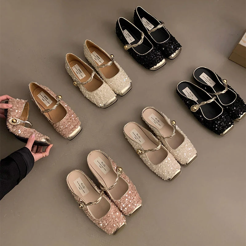 法式亮片金色包头半拖鞋女2025春秋小香风韩版气质玛丽珍单鞋女鞋
