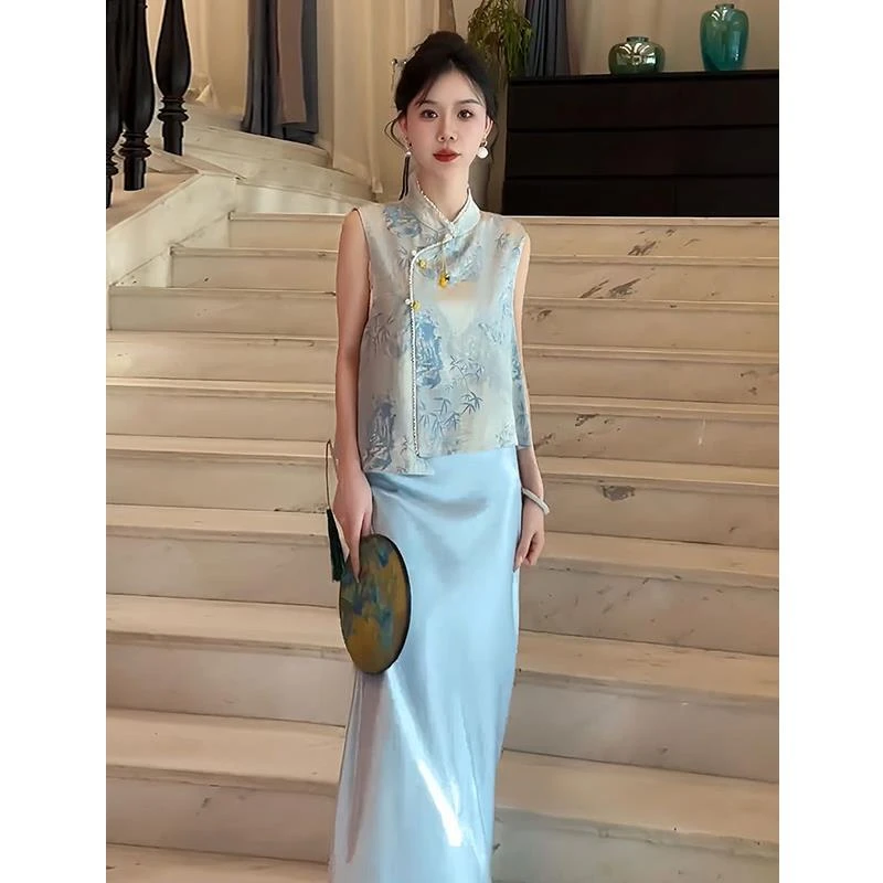 今年流行国风套装裙女夏新款轻奢高级感气质复古马甲半身裙两件套