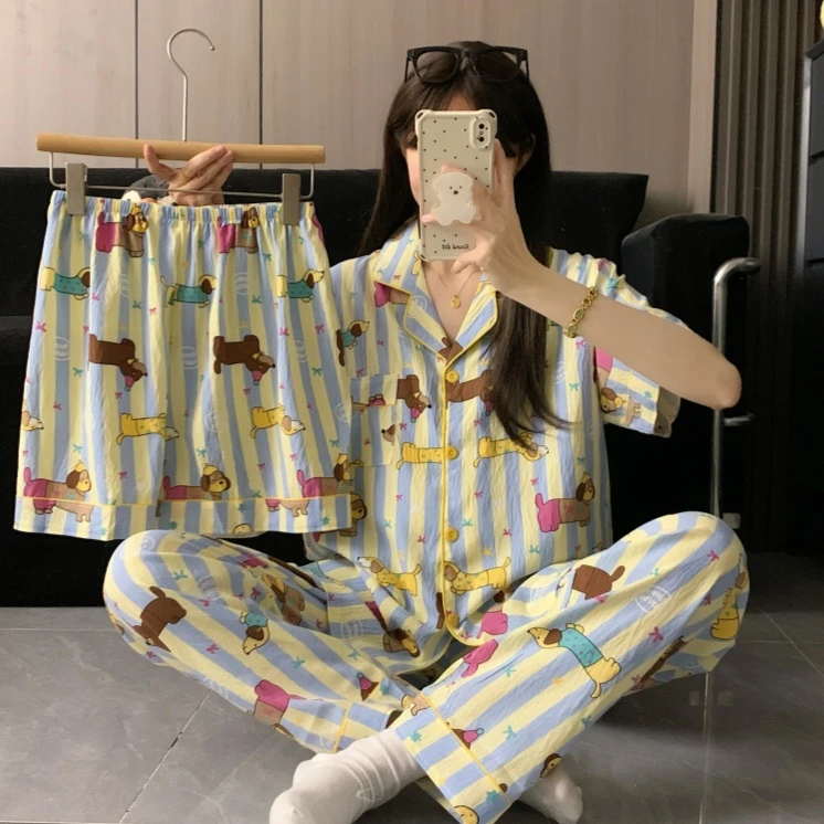 【短袖三件套云朵棉】卡通眼镜狗睡衣女短袖短裤长裤宽松学生家居服