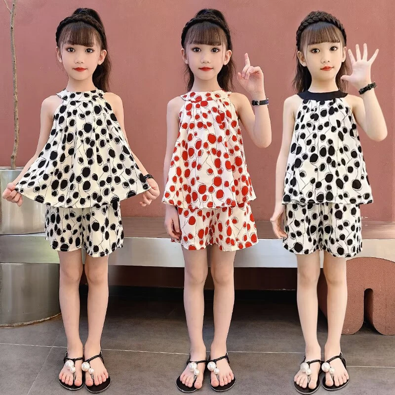 女童碎花挂脖套装夏季韩版女童女碎花套装洋气小女孩波点时尚夏装